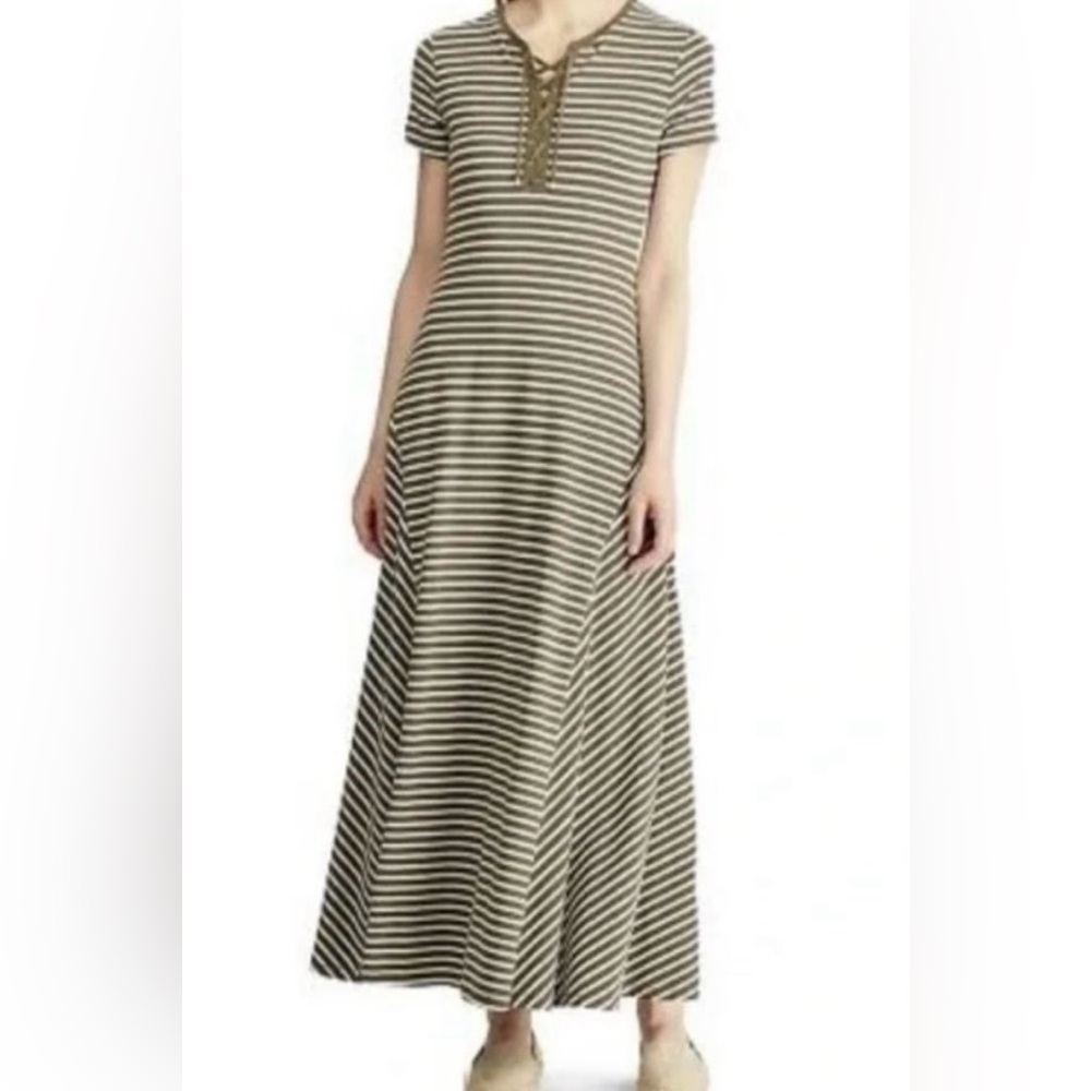 Ralph Lauren Green White Striped Jersey Long Maxi Dress Sz S Casual Stretch
